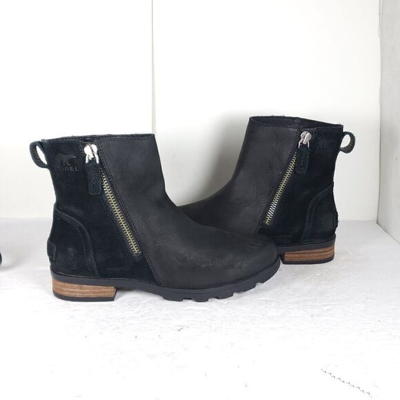 Sorel Women’s Emilie II US 7 Black Suede Leather Side Zip Ankle Boots Booties - Picture 8 of 14